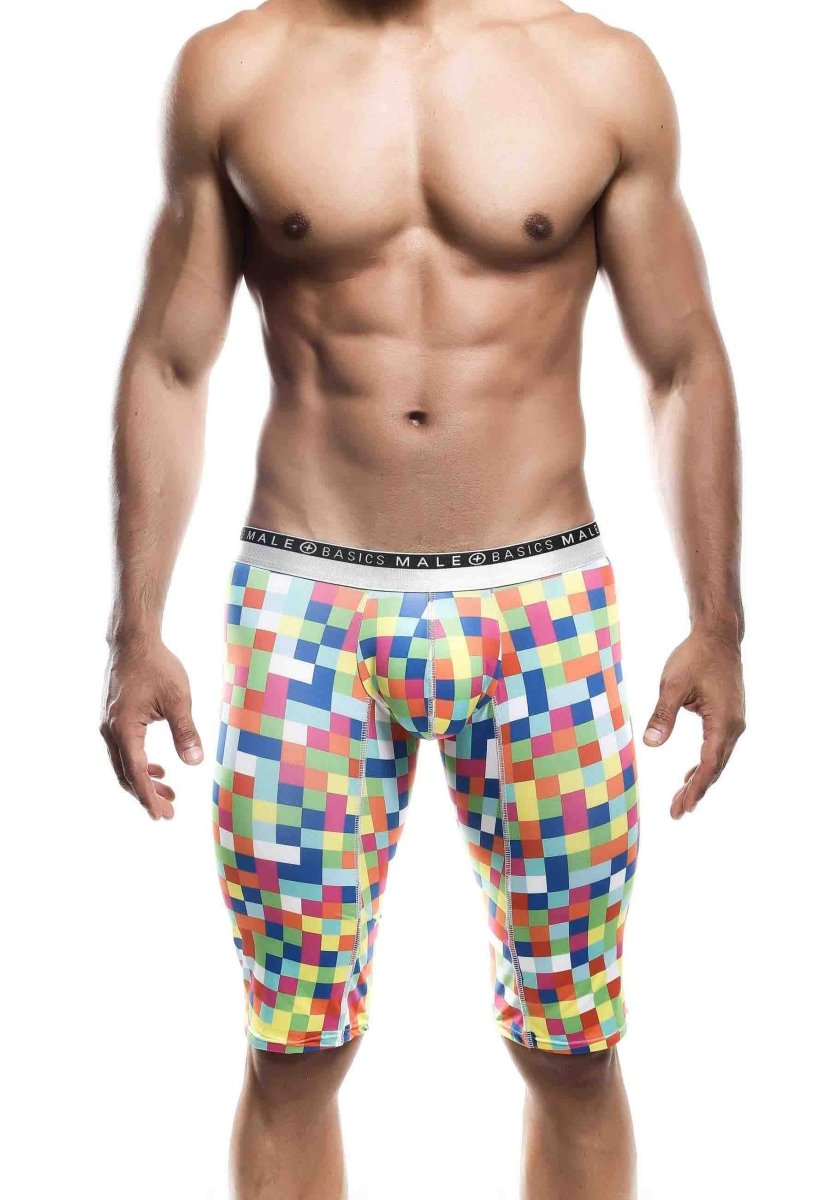 Vibrant pixelated pattern malebasics athletic new hipster boxer brief mb204 in bright colors with elastic branded waistband
