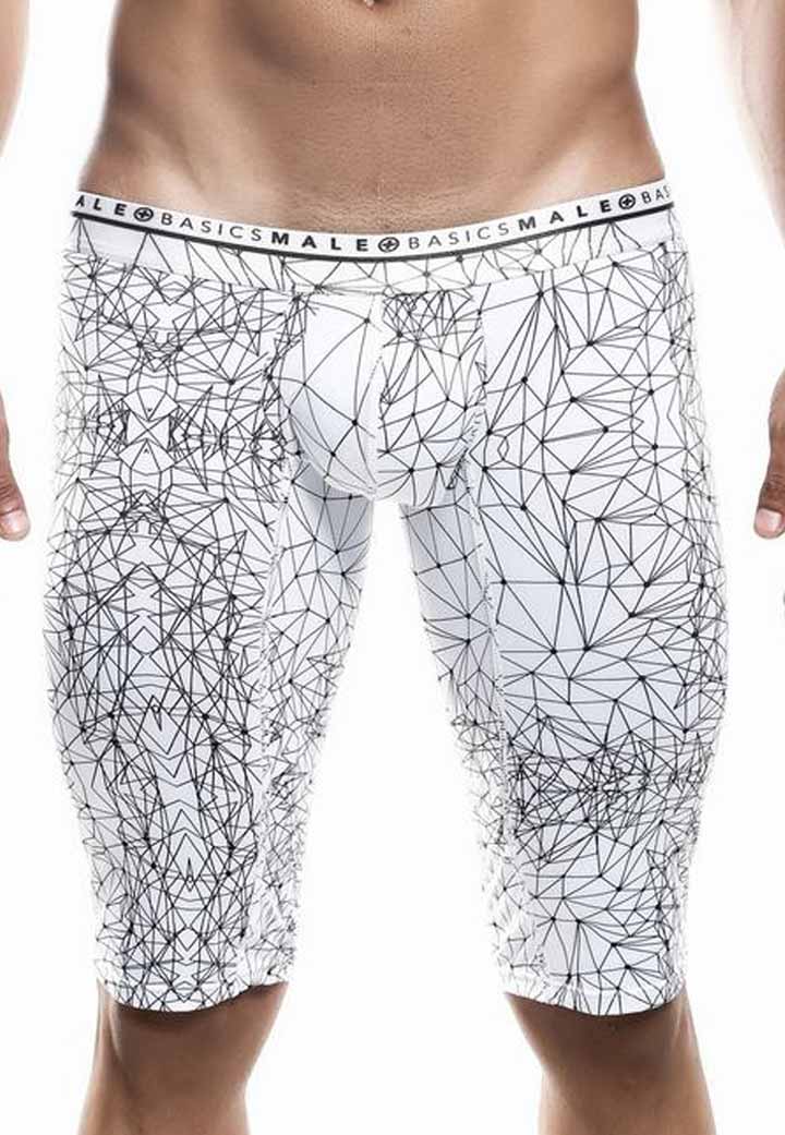 White malebasics athletic new hipster boxer brief mb204 with black geometric line pattern and branded elastic waistband