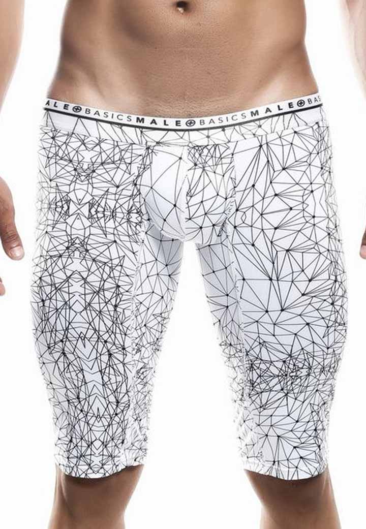 White men’s briefs with black geometric line pattern and malebasics branding on waistband athletic hipster boxer brief