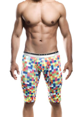 Vibrant pixelated pattern malebasics athletic new hipster boxer brief mb204 in bright colors with elastic branded waistband