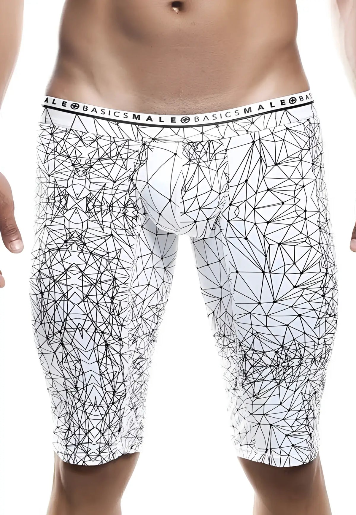 White men’s briefs with black geometric line pattern and malebasics branding on waistband athletic hipster boxer brief