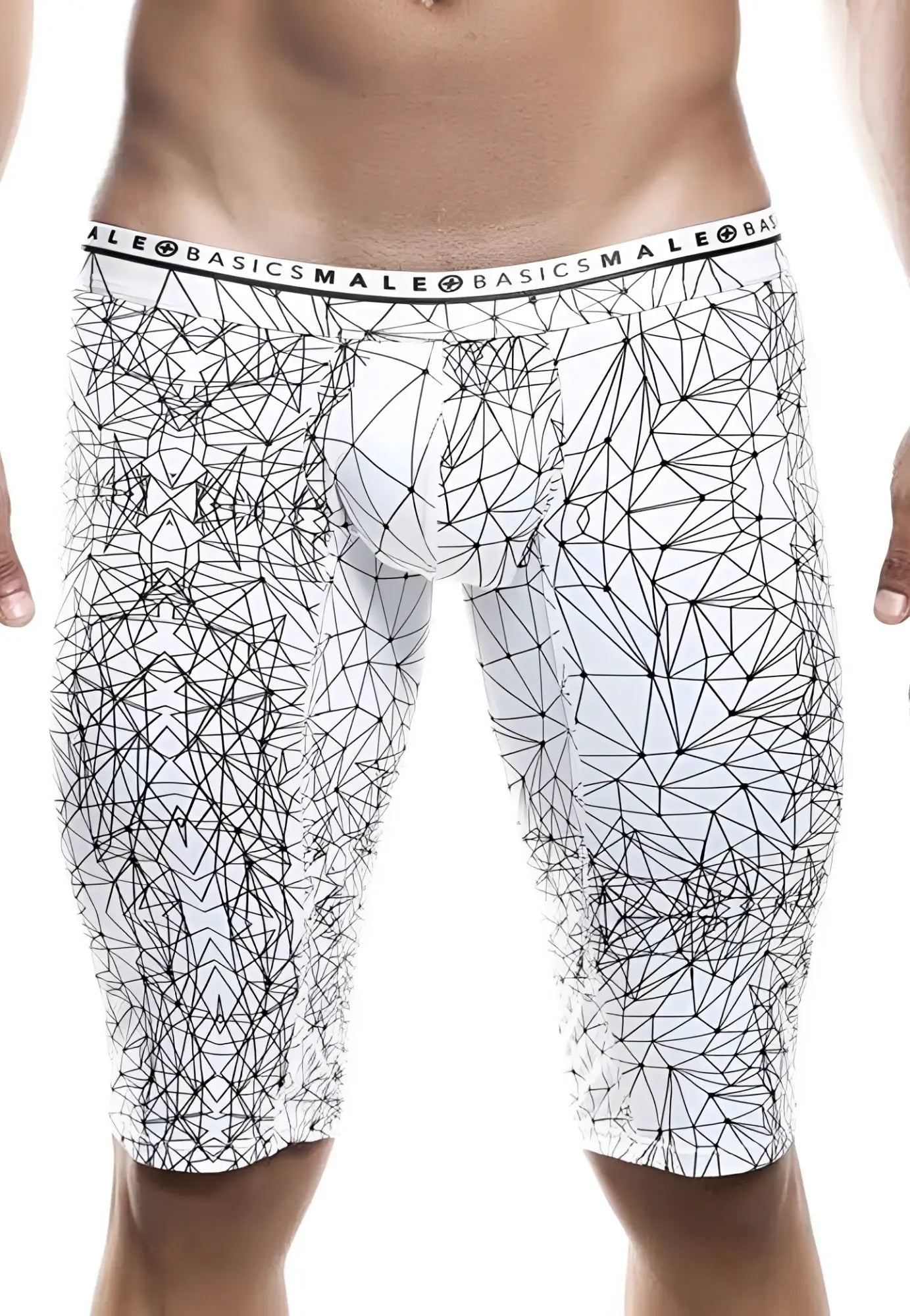 White malebasics athletic new hipster boxer brief mb204 with black geometric line pattern and branded elastic waistband