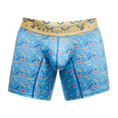 Malebasics boxer brief in blue with retro yellow red white geometric pattern and tan branded waistband