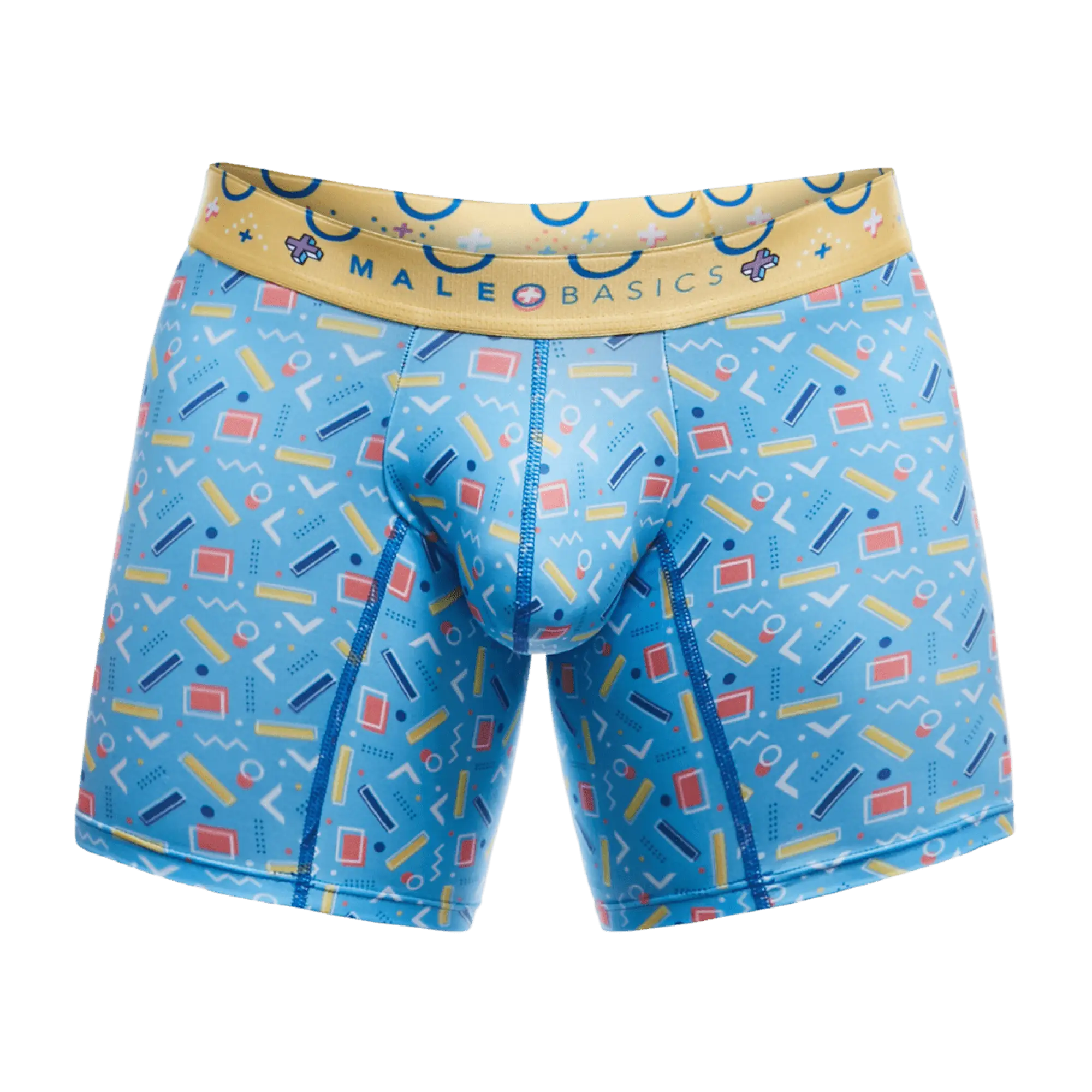 Blue malebasics boxer brief with retro yellow red white geometric pattern on light blue fabric and tan waistband