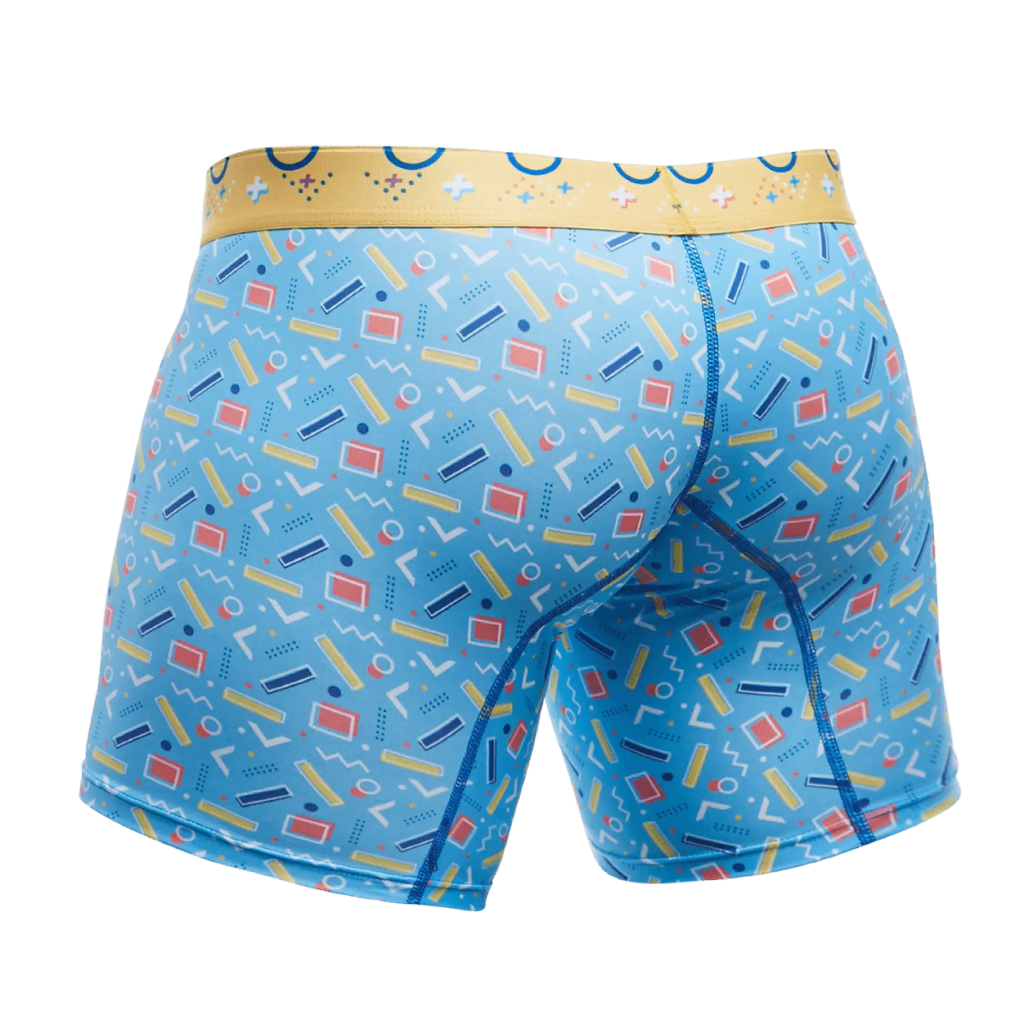 Malebasics boxer brief blue boxer briefs with retro geometric yellow red and white pattern and gold waistband