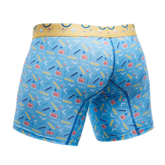 Malebasics boxer brief blue boxer briefs with retro geometric yellow red and white pattern and gold waistband