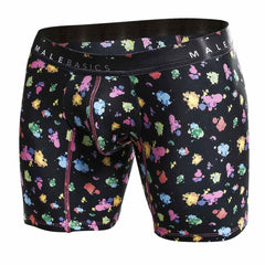 Black malebasics boxer brief hipster with vibrant paint splatter pattern and pink stitched seams