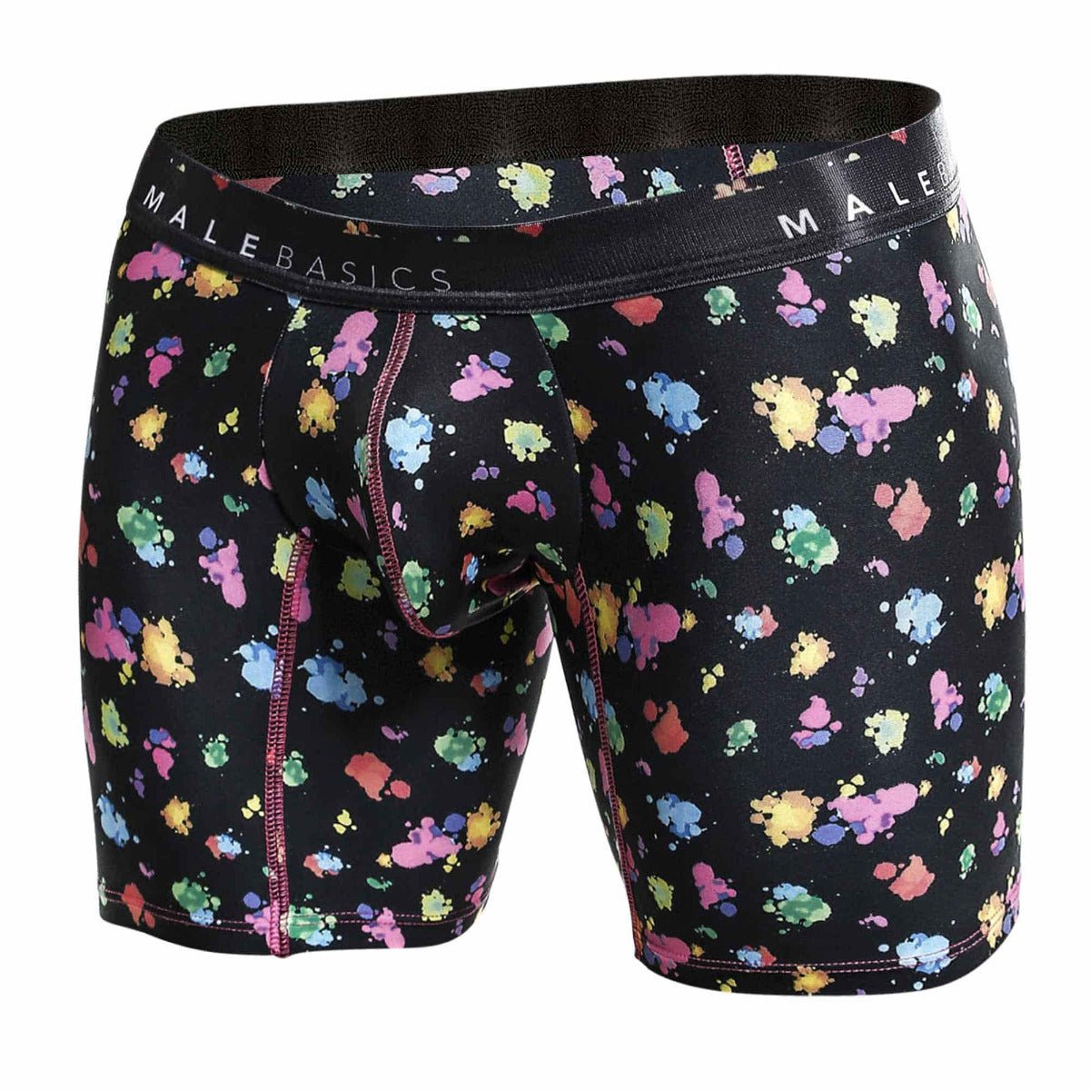 Black malebasics boxer brief hipster with vibrant multicolored paint splatter pattern and pink seam stitching