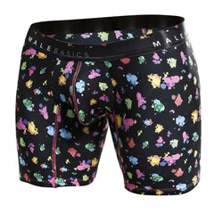 Black malebasics boxer brief hipster with vibrant paint splatter pattern and pink stitched seams