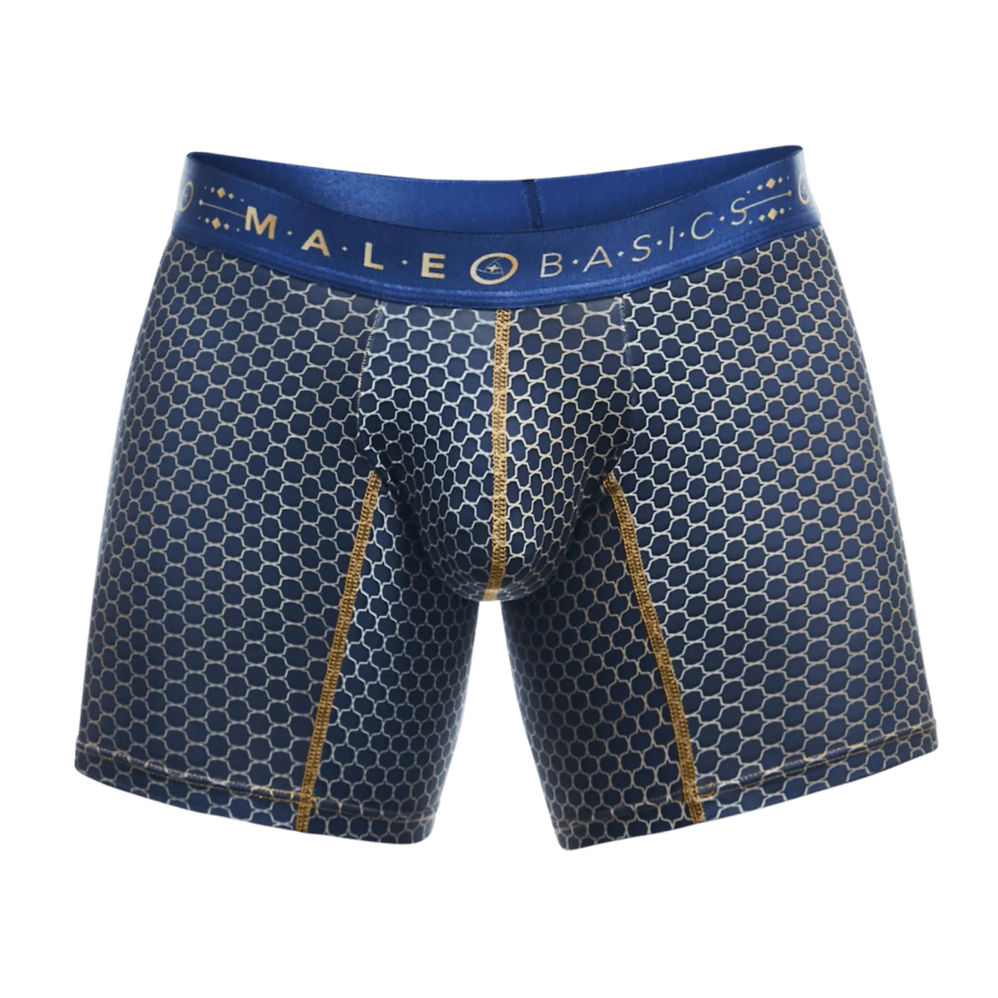 MaleBasics boxer brief hipster in blue honeycomb pattern with gold trim and branded waistband for men