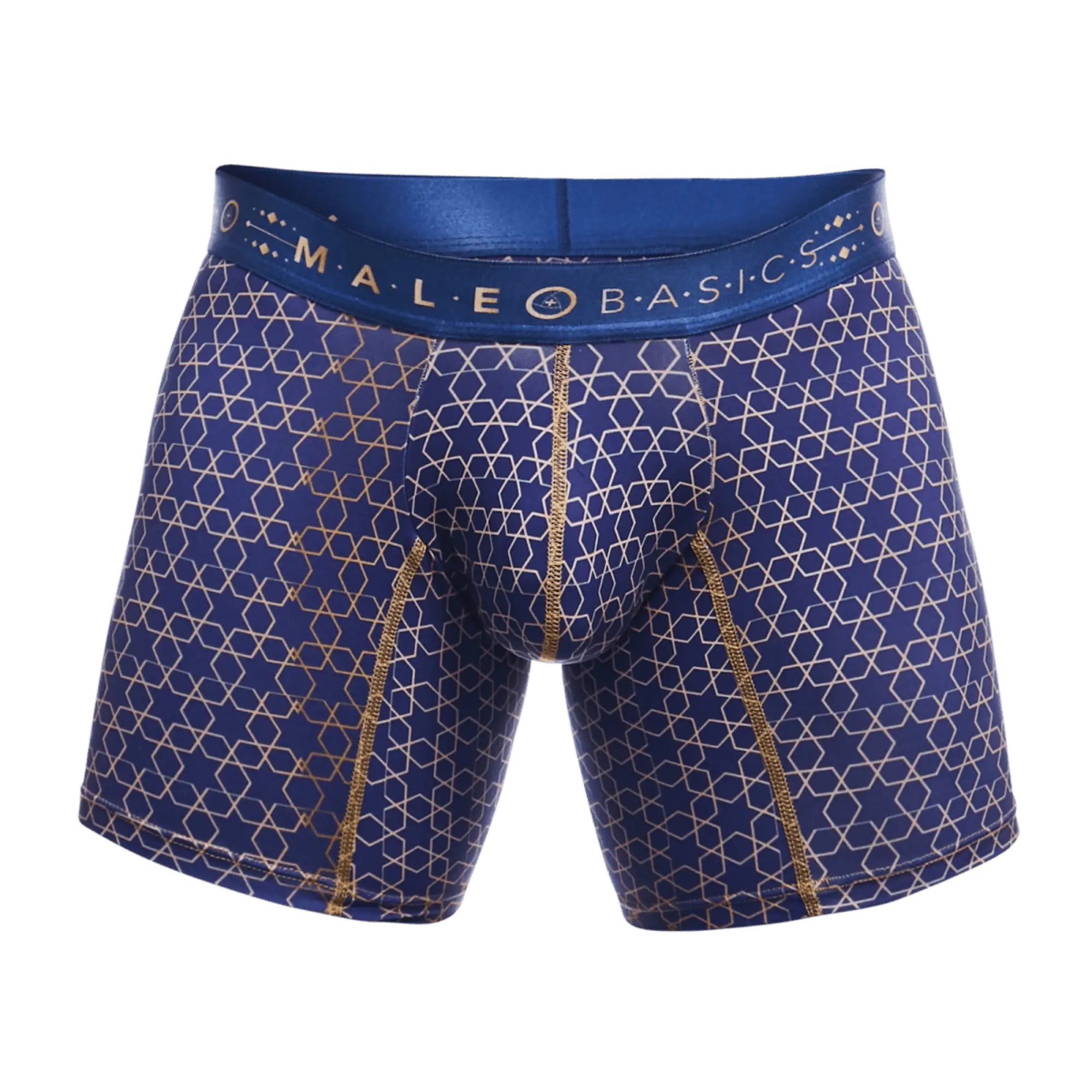 Blue male basics boxer brief hipster with geometric gold pattern and matching gold stitching front view