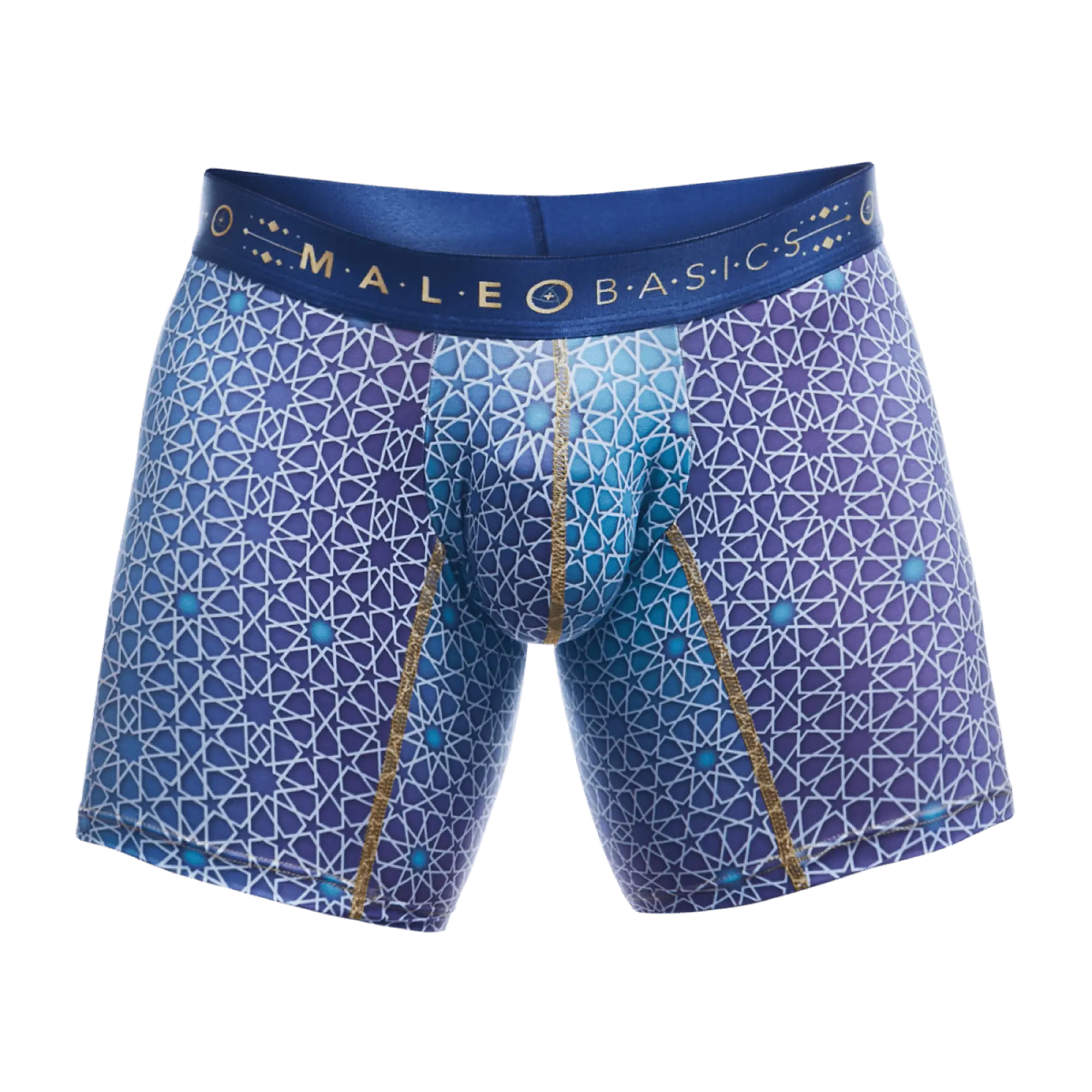 Blue patterned men’s boxer briefs with geometric star design and gold trim by male basics in hipster cut