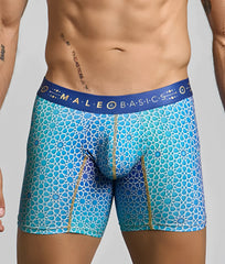 Blue patterned men’s boxer briefs with geometric design and gold trim by malebasics for comfortable hipster wear