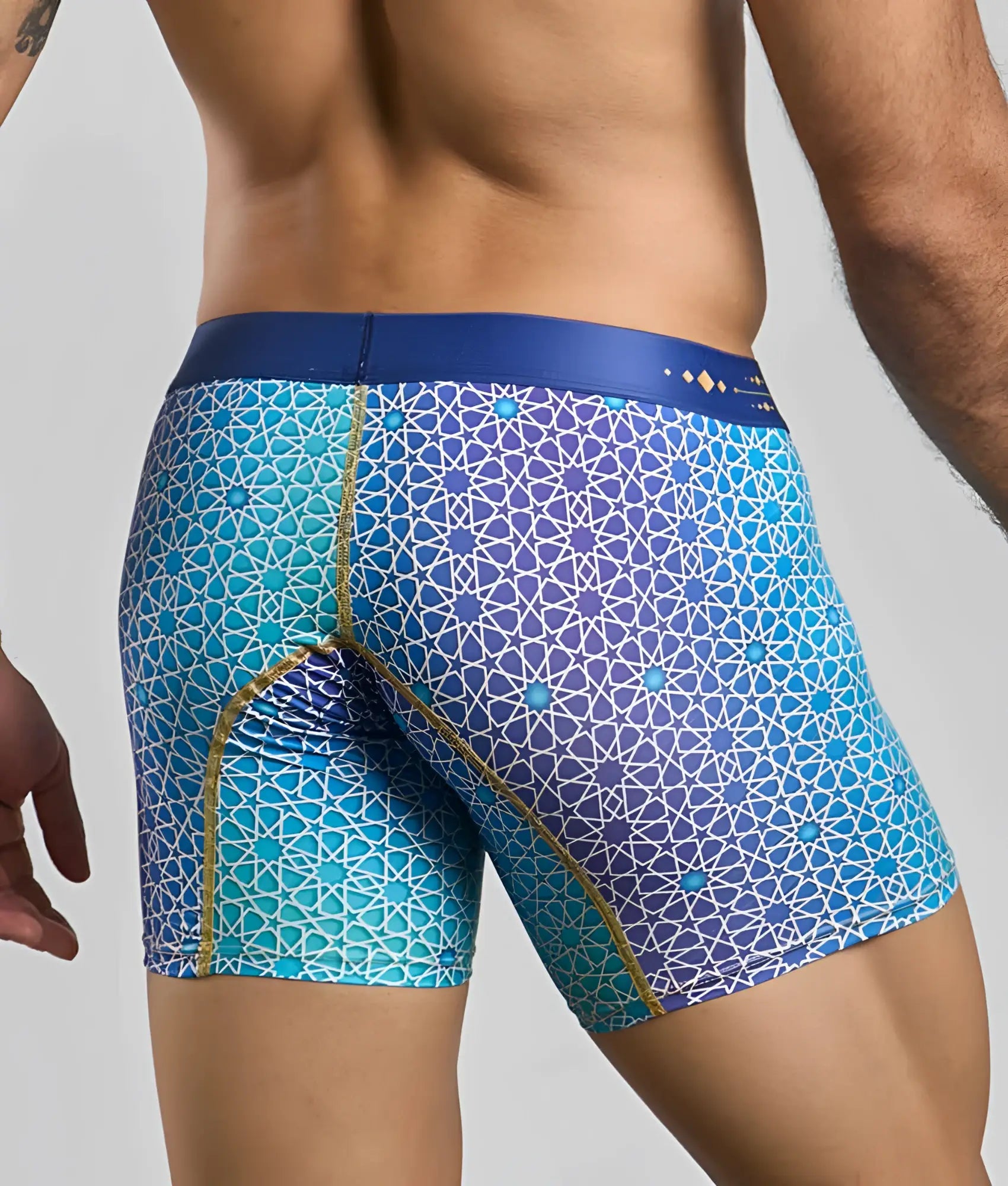 MaleBasics boxer brief hipster in blue and turquoise geometric pattern with gold trim for men