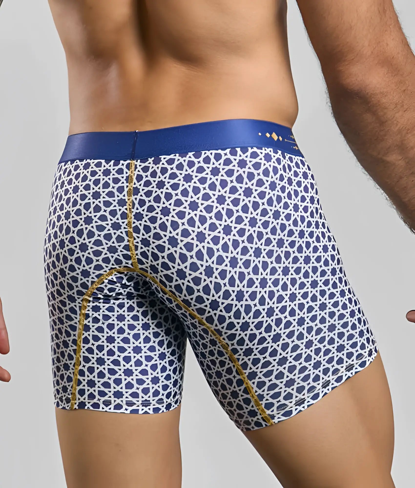Malebasics boxer brief hipster in blue and white geometric pattern with gold trim along the seams