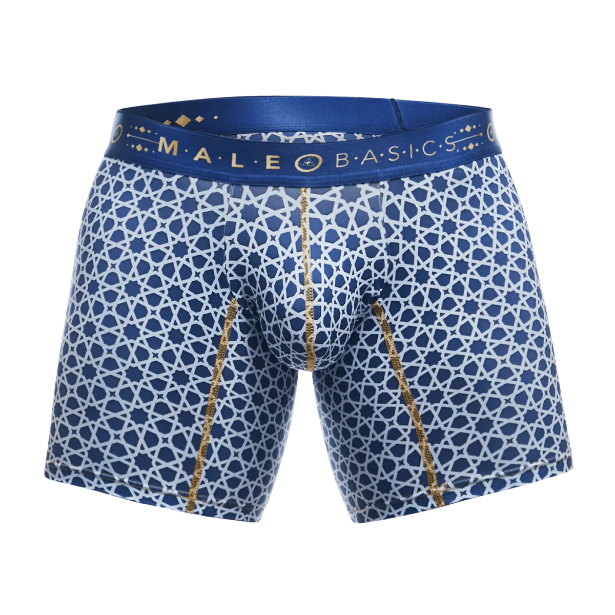 Malebasics boxer brief hipster featuring blue and white geometric star pattern with gold trim and branded waistband