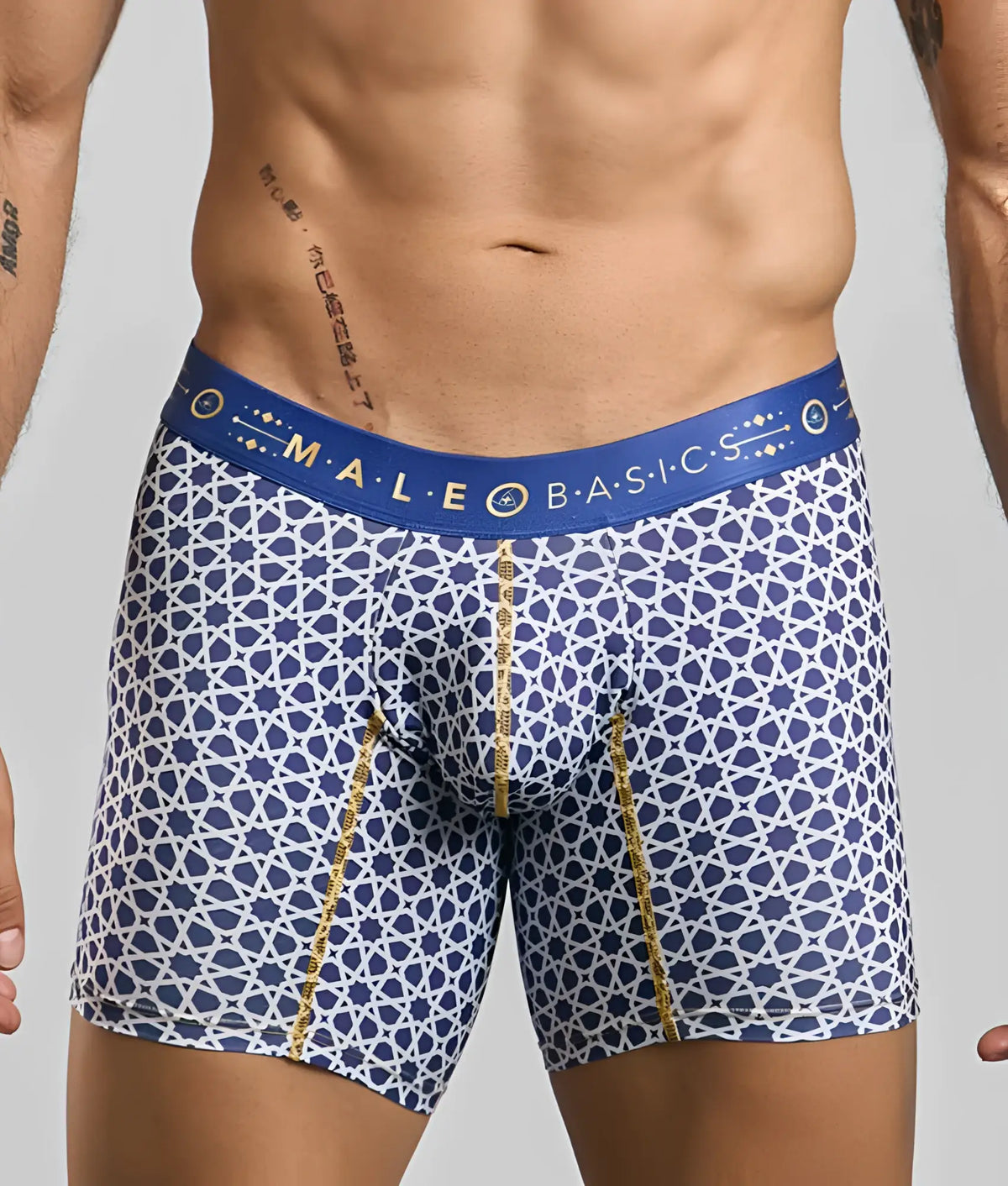 Malebasics boxer brief hipster in blue and white geometric pattern with gold trim and branded waistband