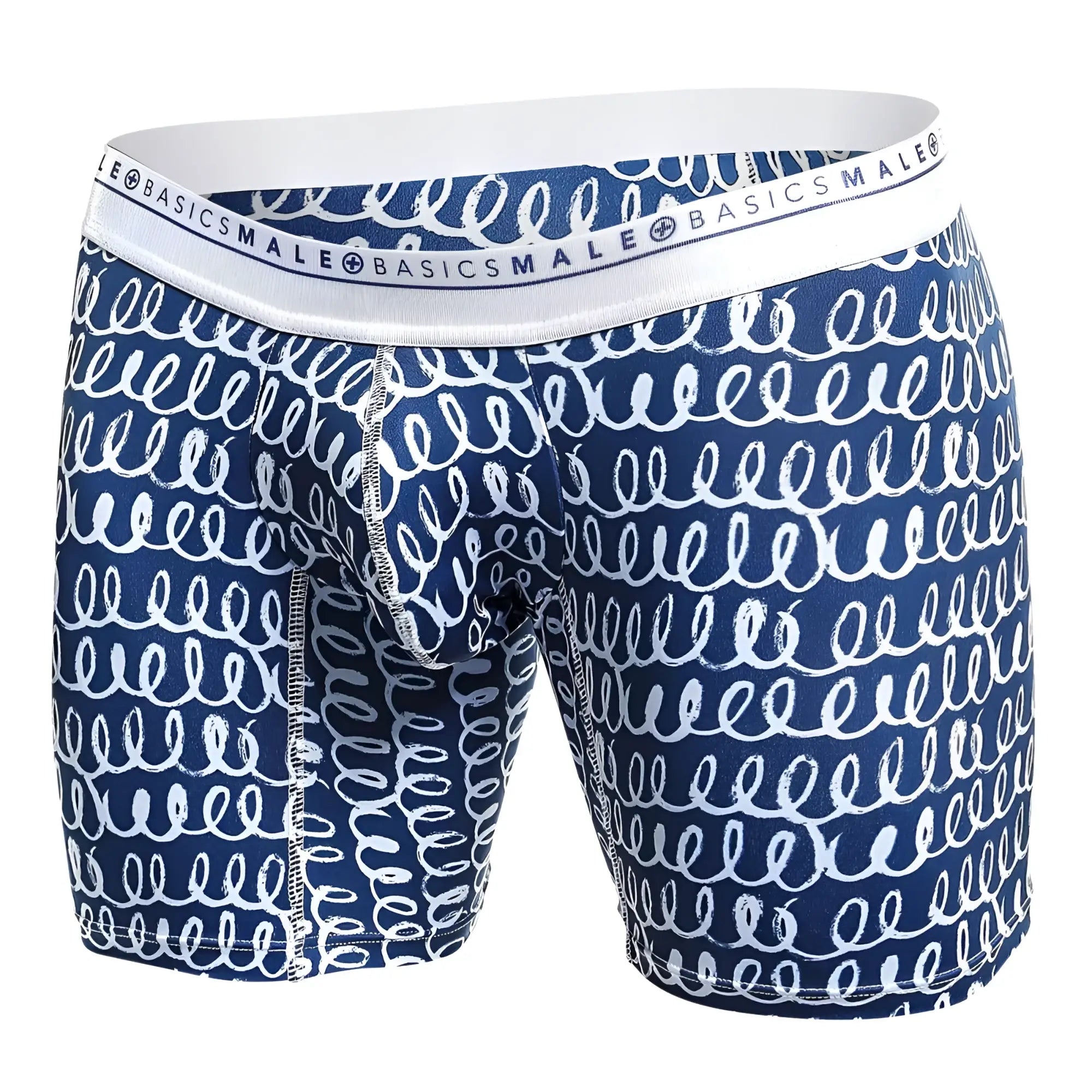 Malebasics boxer brief hipster crete in blue and white patterned fabric with a repeating swirl design for men