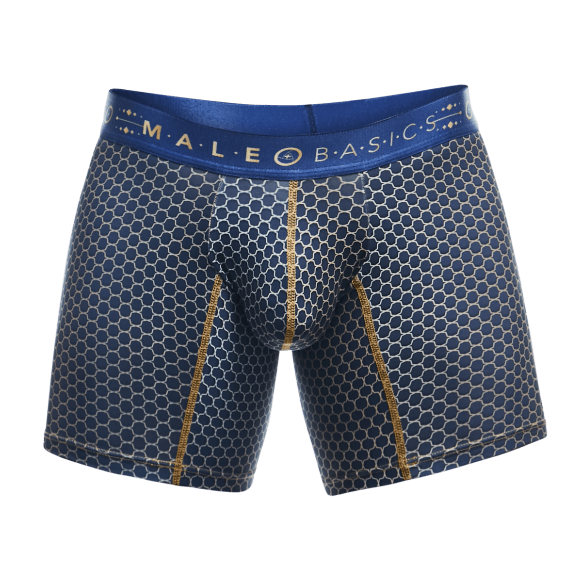 Malebasics boxer brief hipster in blue honeycomb pattern with gold trim and male basics waistband for men