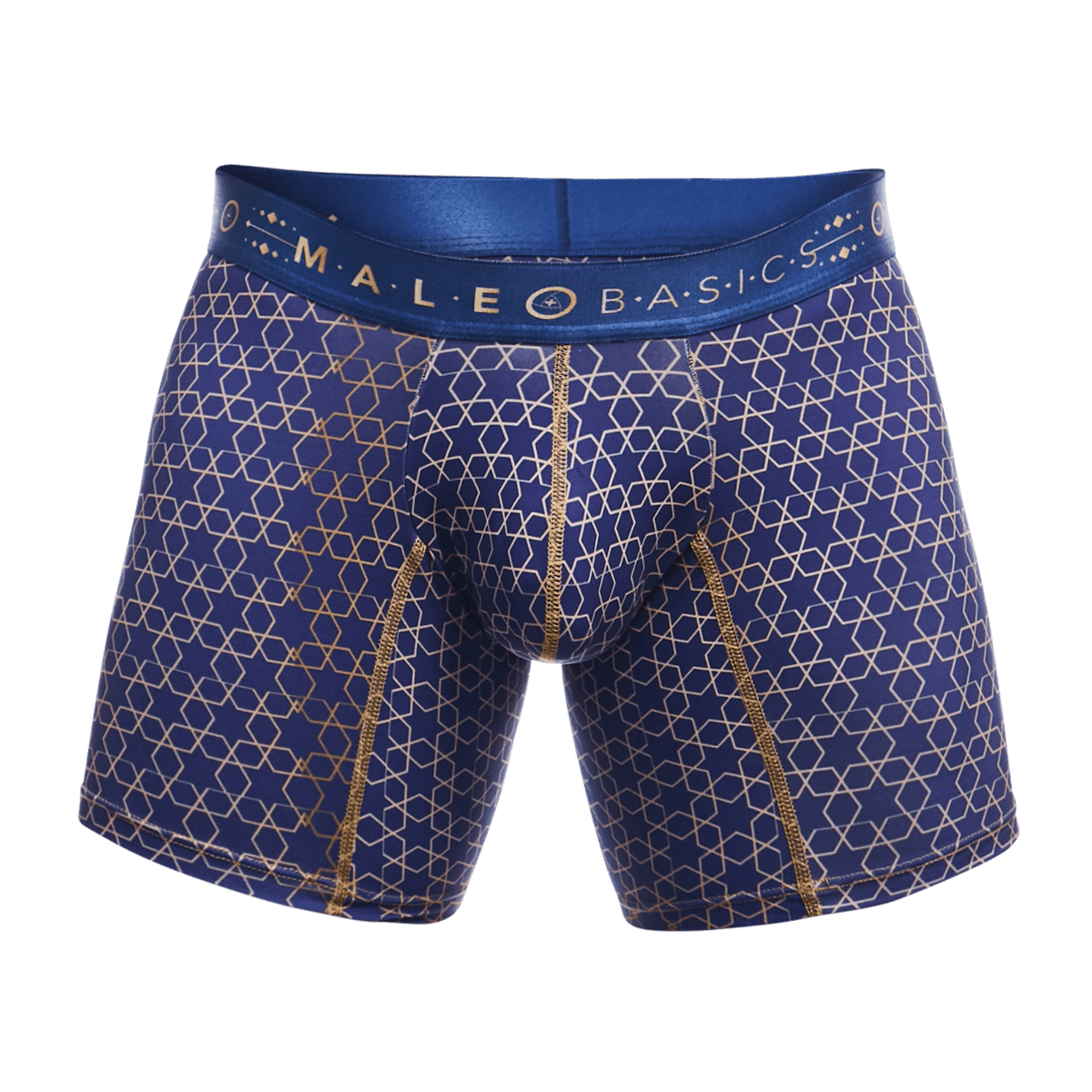 Malebasics boxer brief hipster in blue with geometric gold pattern and matching gold stitching for comfortable wear
