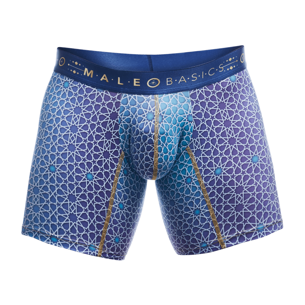 MaleBasics boxer brief hipster in blue with geometric star pattern and gold trim on waistband for men