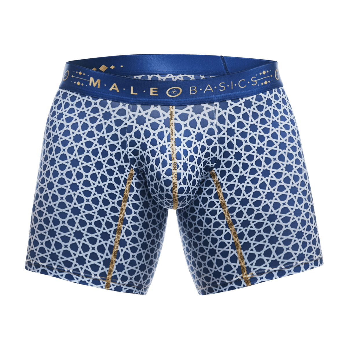MaleBasics boxer brief hipster in blue and white geometric star pattern with gold trim and branded waistband