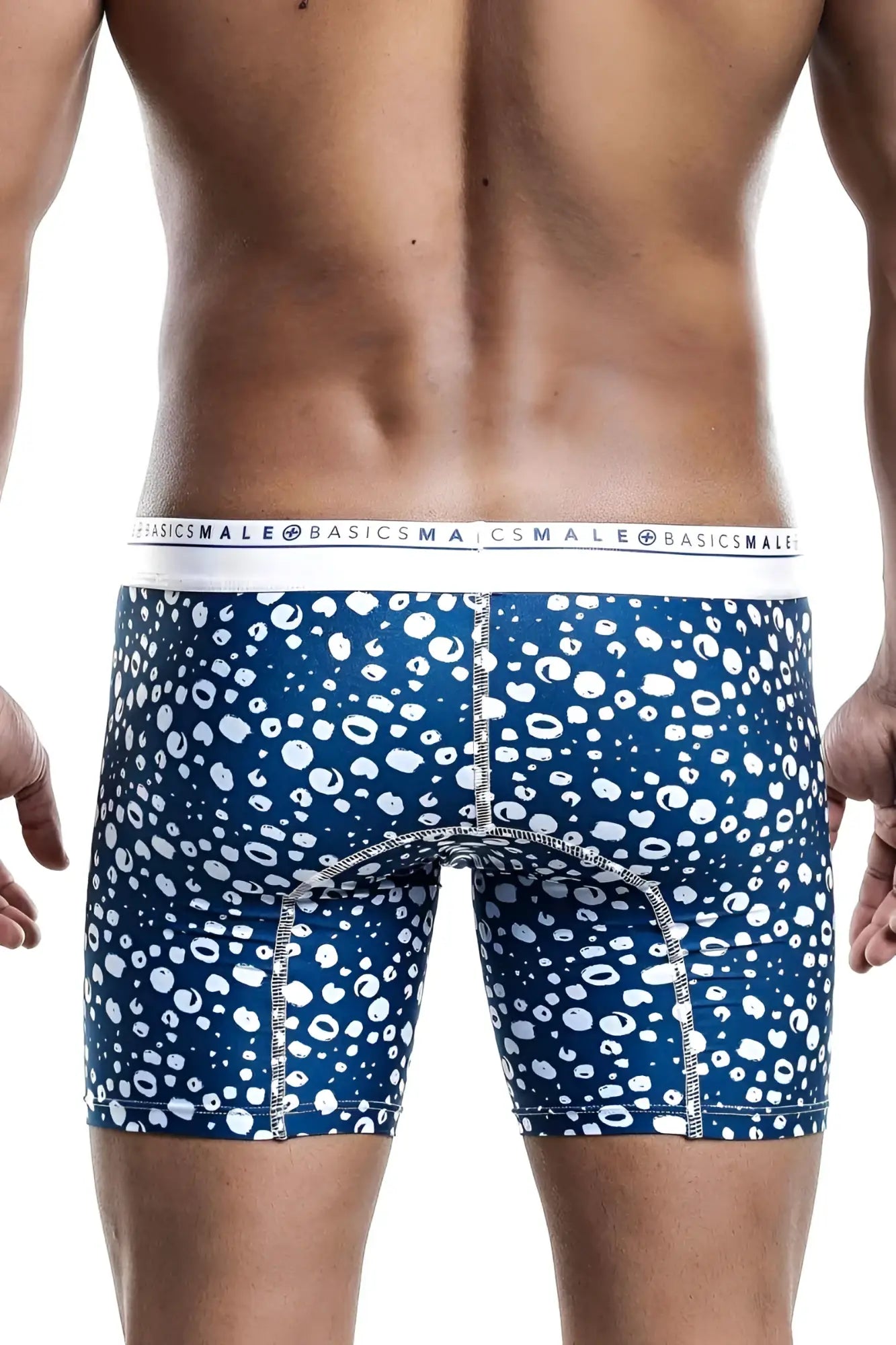 Malebasics boxer brief hipster paros in blue and white leopard print with branded waistband for comfortable wear