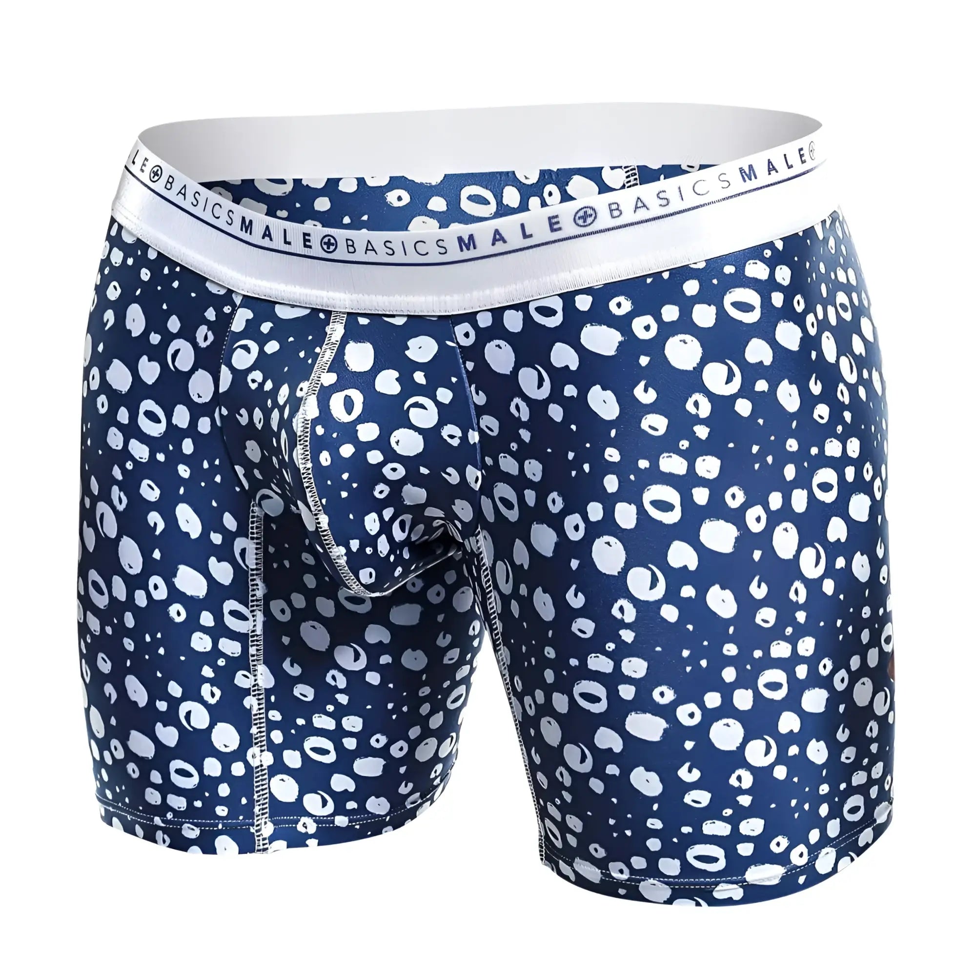 Malebasics boxer brief hipster paros in blue and white leopard print with branded elastic waistband