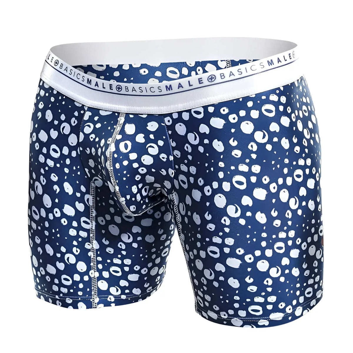 Blue and white leopard print boxer briefs with branded elastic waistband from malebasics boxer brief hipster paros