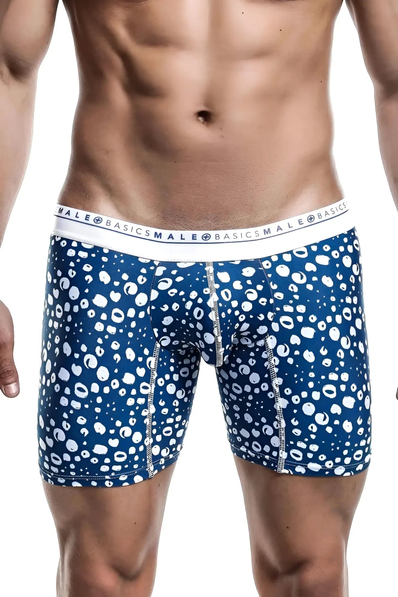 Malebasics boxer brief hipster paros in blue and white patterned fabric with branded elastic waistband for men