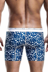 Malebasics boxer brief hipster paros in blue and white leopard print with branded waistband for comfortable wear