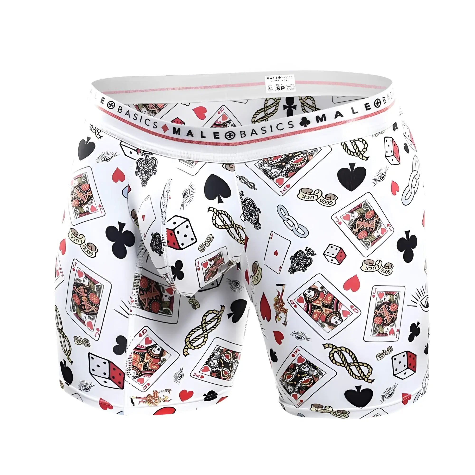 Malebasics boxer brief hipster poker in white featuring playful black red and gold playing cards dice and hearts pattern