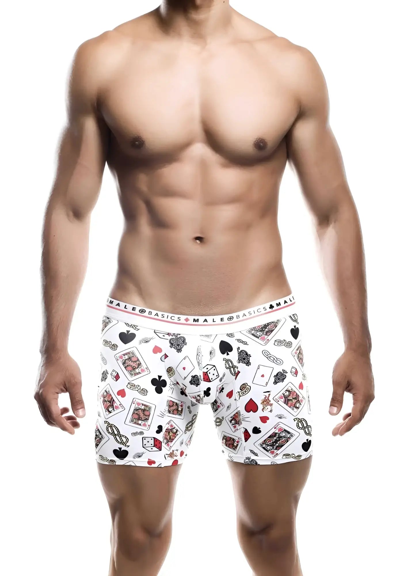 Malebasics boxer brief hipster poker with playful black red and gray playing cards and dice pattern on white fabric