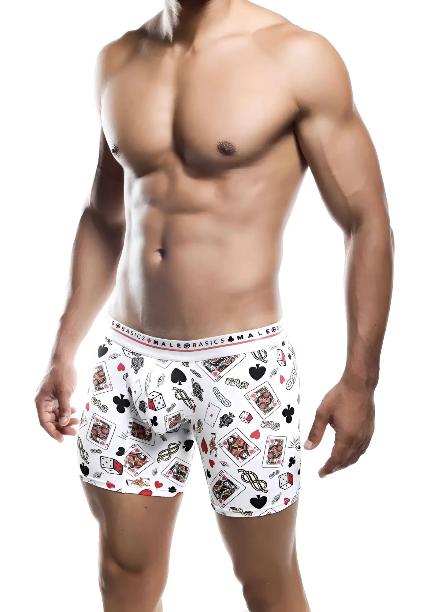 Malebasics boxer brief hipster poker in white featuring a playful pattern of playing cards dice and poker chips