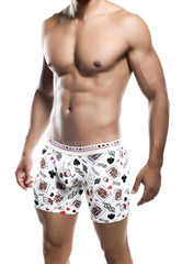 Malebasics boxer brief hipster poker in white featuring a playful pattern of playing cards dice and poker chips