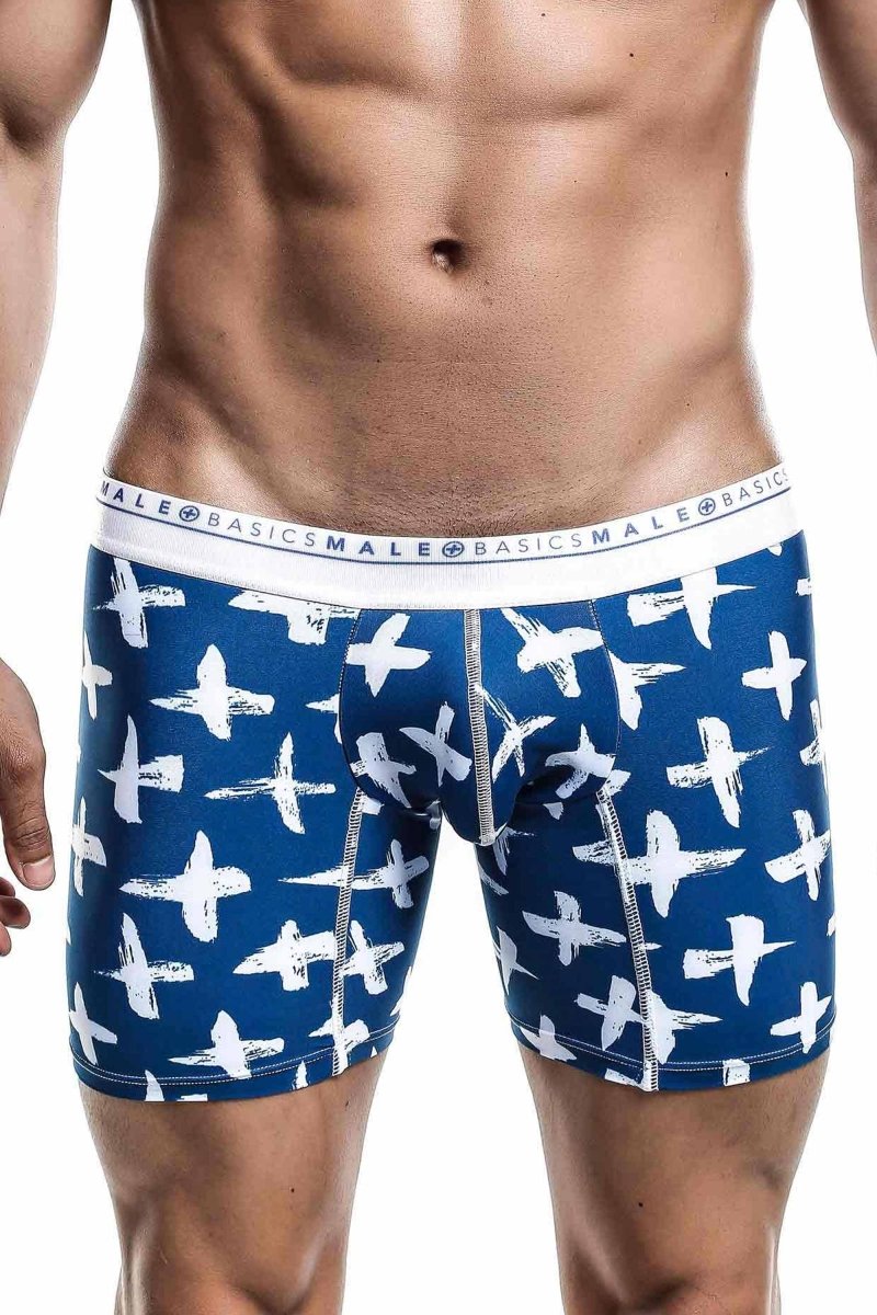 Malebasics boxer brief hipster santorini in blue with white airplane pattern and male basics logo waistband
