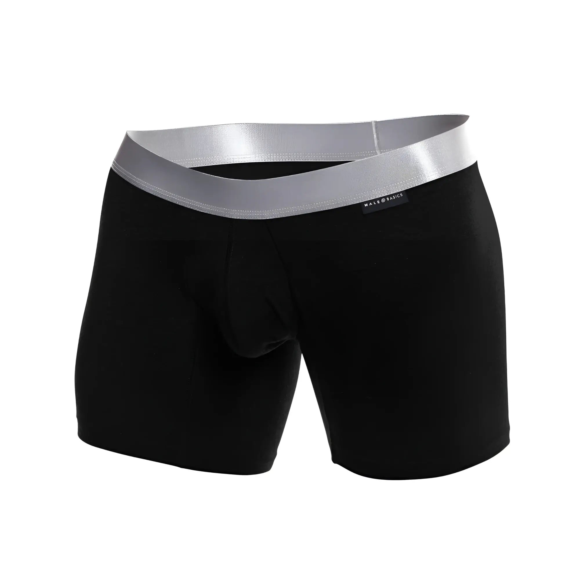Black men’s boxer briefs with a shiny silver waistband made basic label in pima cotton for comfortable wear