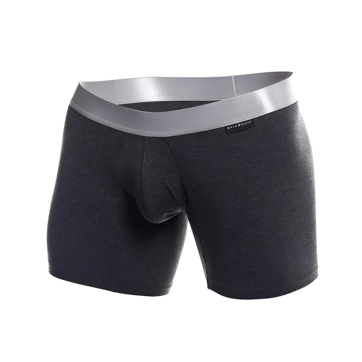 Dark heather gray men’s boxer briefs with silver waistband made from pima cotton by MaleBasics