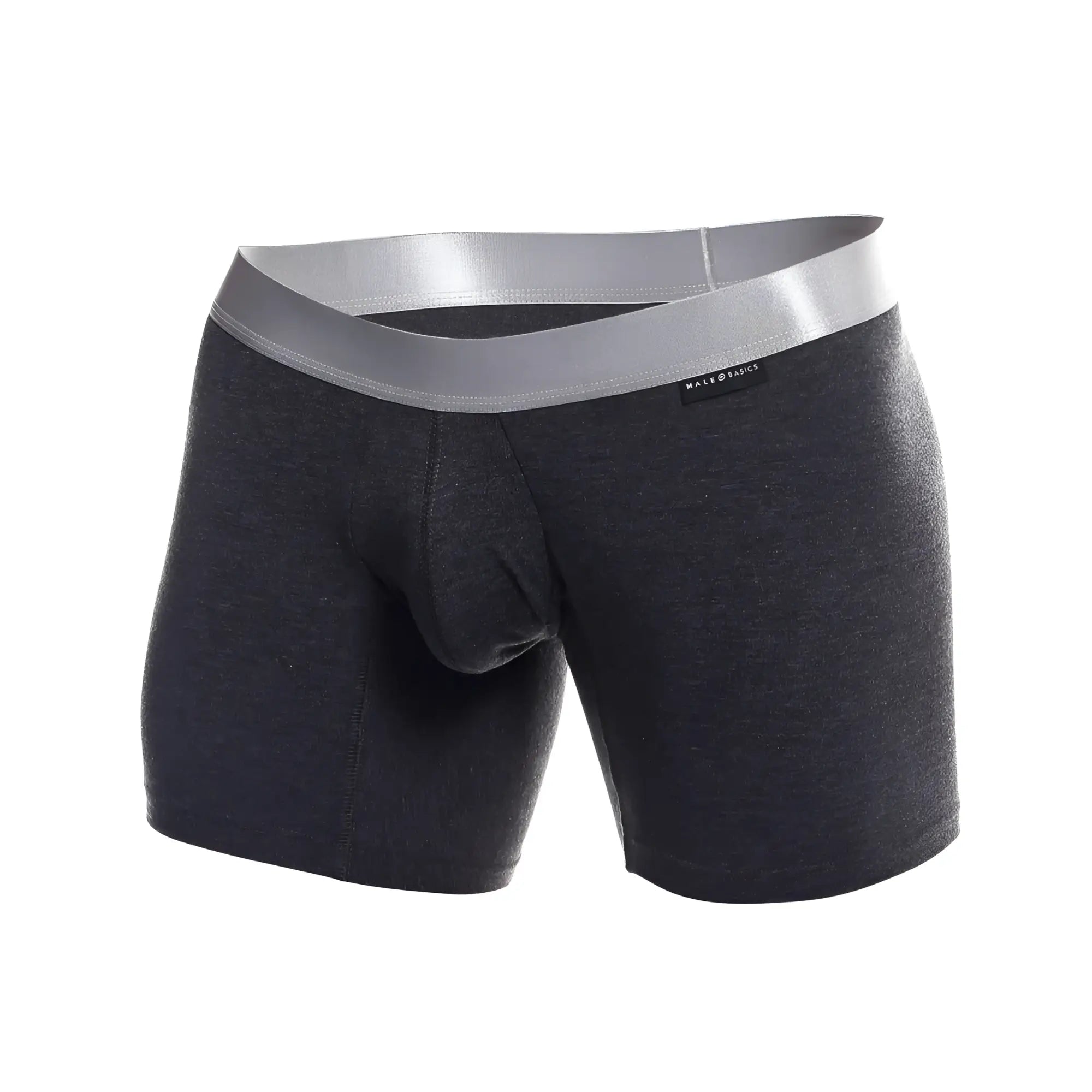 Dark heather gray men’s pima cotton boxer briefs with silver waistband featuring made basics brand label