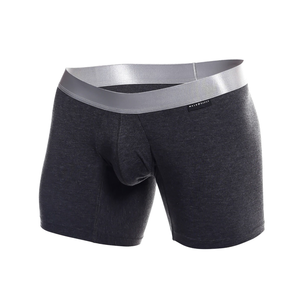 Dark heather gray men’s boxer briefs with contrasting silver waistband made basics brand label pima cotton material