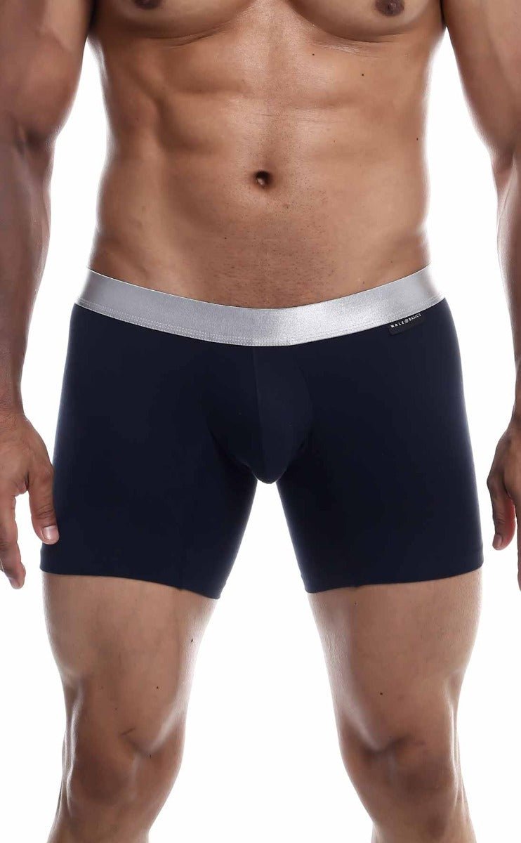 Navy blue MaleBasics boxer briefs in pima cotton with a silver waistband for comfortable daily wear