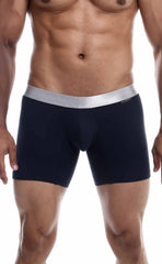 Navy blue MaleBasics boxer briefs in pima cotton with a silver waistband for comfortable daily wear