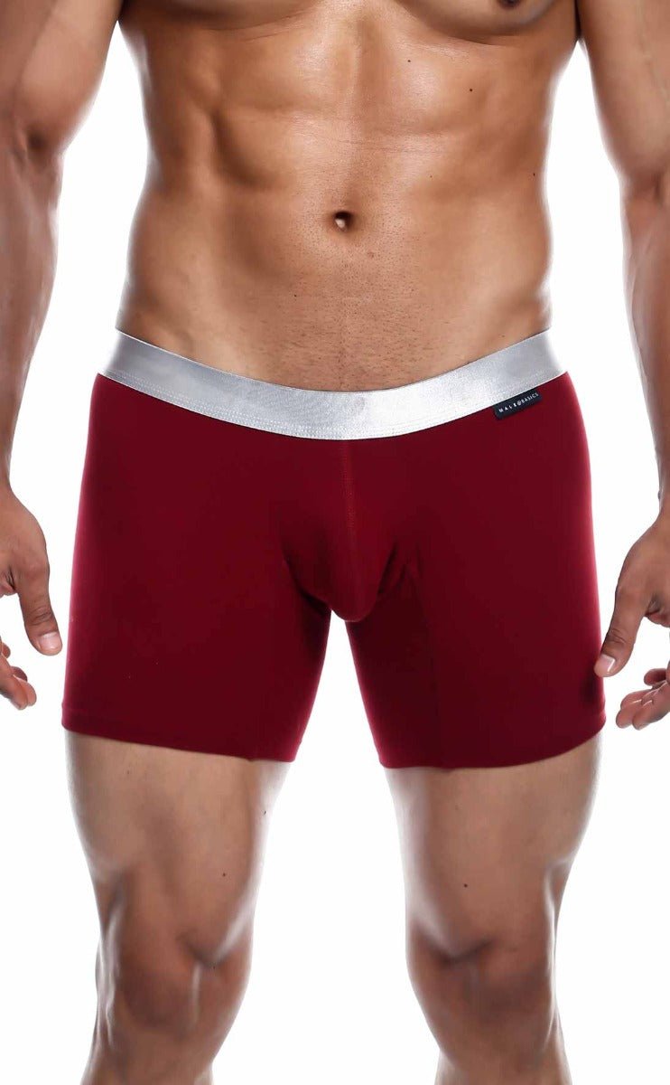 Red boxer briefs with a silver waistband made of soft pima cotton from malebasics for comfortable everyday wear