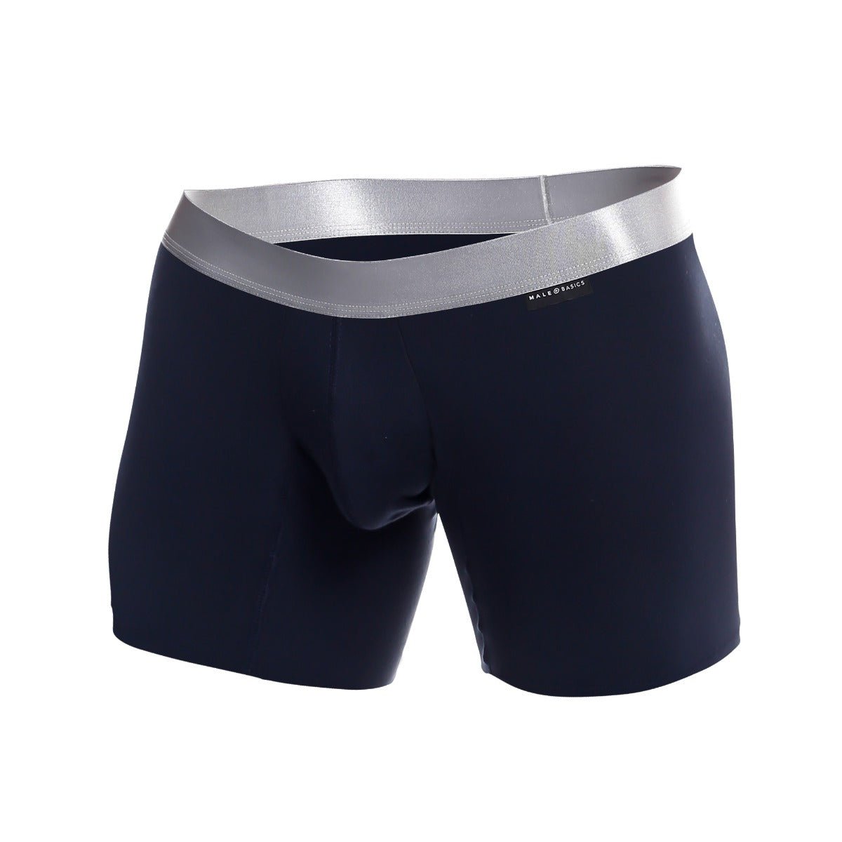 Navy blue men’s boxer briefs with silver elastic waistband branded mateo basics made from soft pima cotton