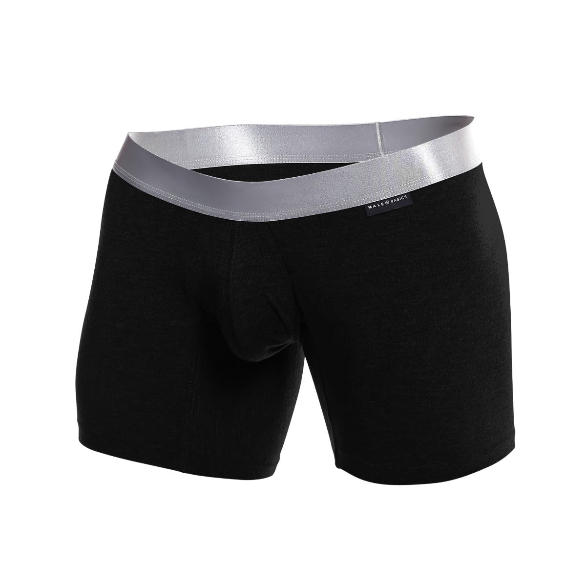 Black men’s boxer briefs with shiny silver waistband and made basic label in pima cotton for comfortable wear