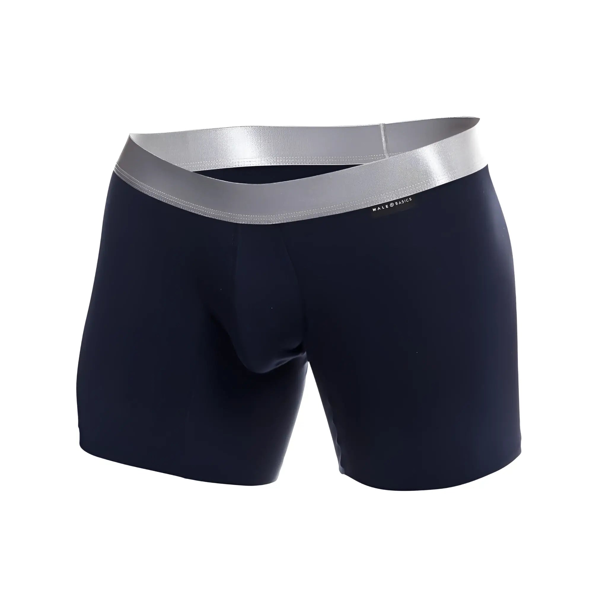 Navy blue men’s boxer briefs with silver elastic waistband branded mateo basics made from soft pima cotton