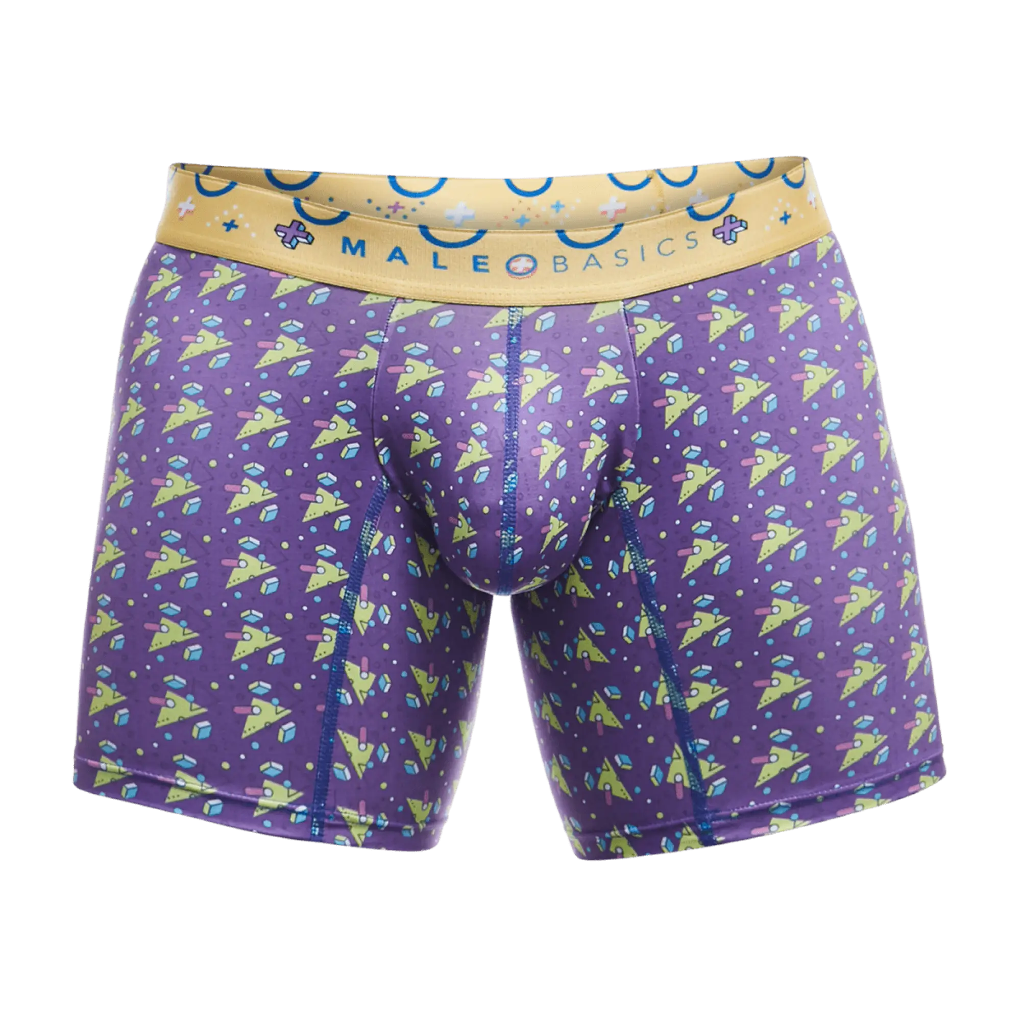 Purple malebasics boxer brief with a playful lime green and light blue geometric pattern and yellow branded waistband
