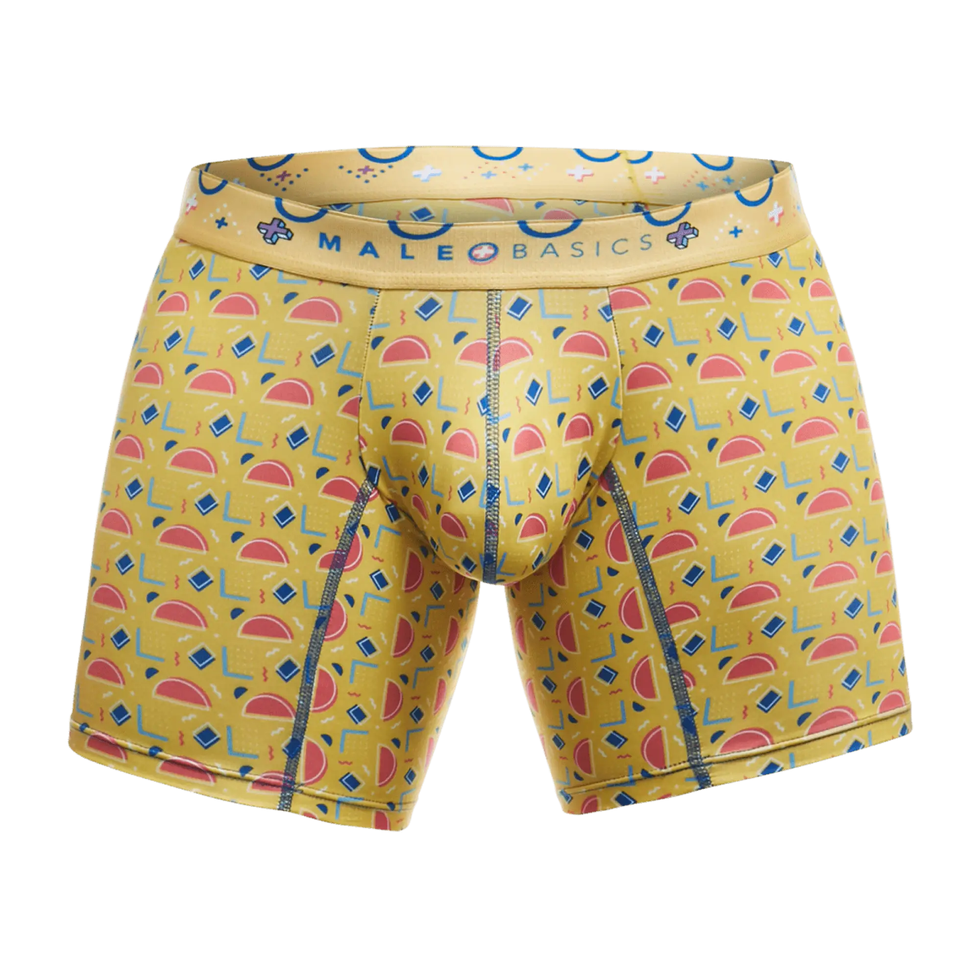 Malebasics boxer brief in yellow fabric featuring pink watermelon slices blue diamonds and geometric shapes pattern