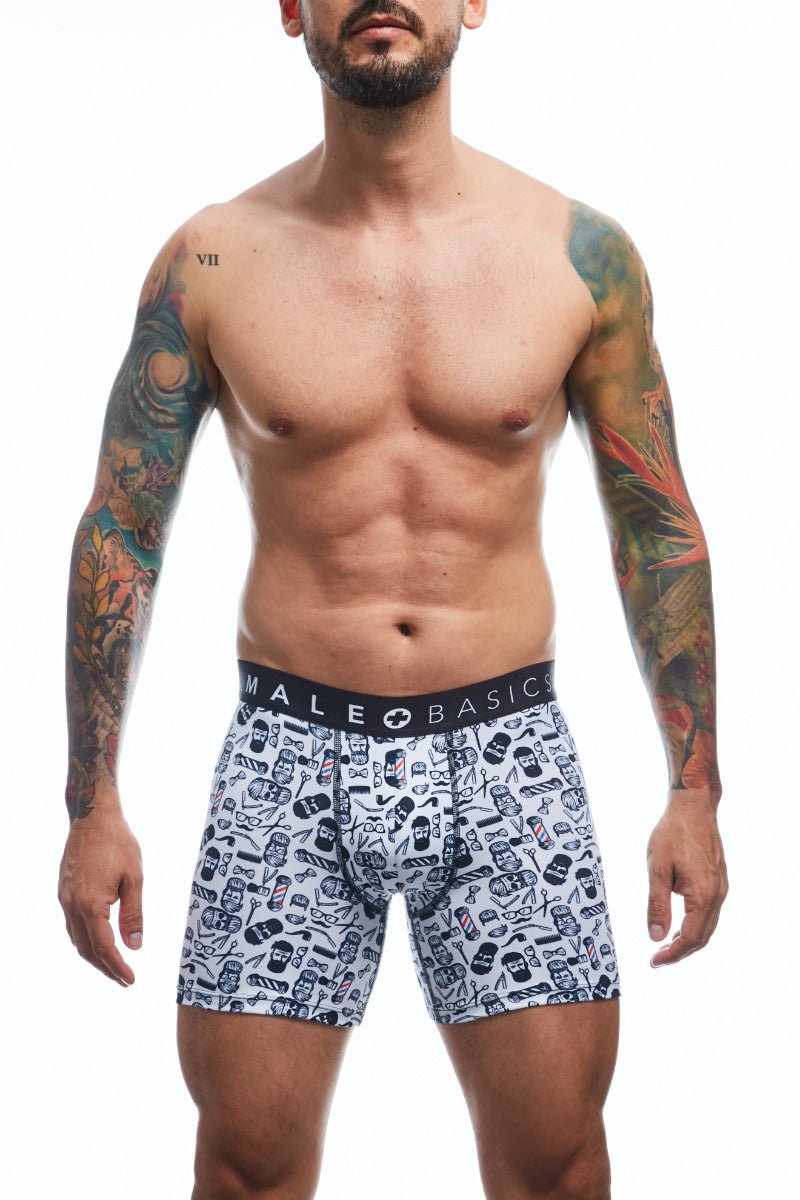 White malebasics boxer briefs with black barber skulls graphic print and branded waistband for everyday comfort