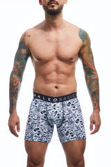 White malebasics boxer briefs with black cartoon skull print and branded waistband for everyday comfort